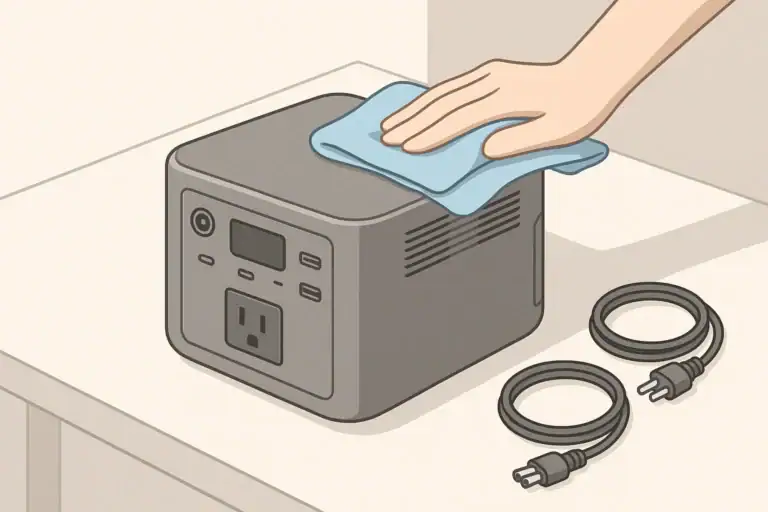 Person cleaning portable power station ports and vents with cloth