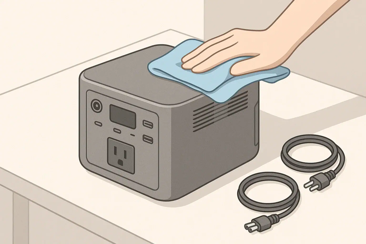 Person cleaning portable power station ports and vents with cloth