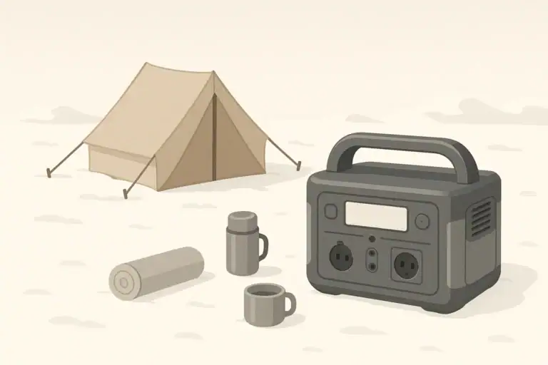 Portable power station at a snowy campsite in winter