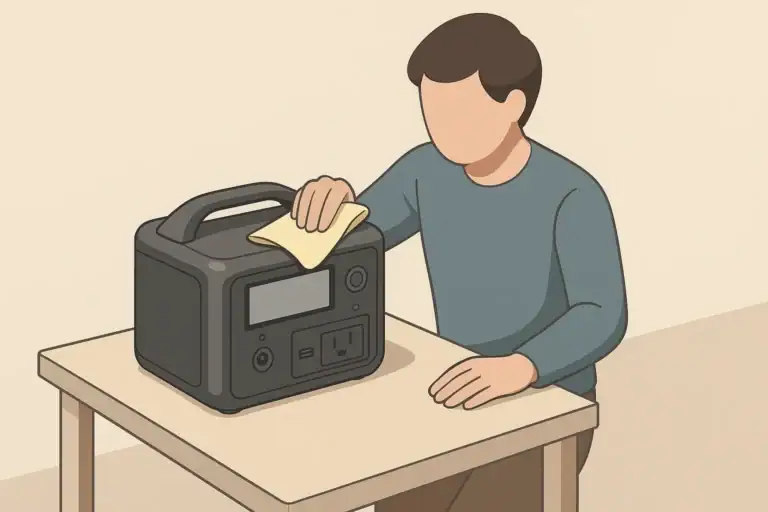 Person cleaning a portable power station with a cloth