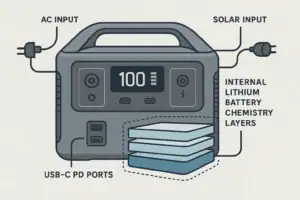 Portable power station diagram highlighting input ports and battery chemistry layers