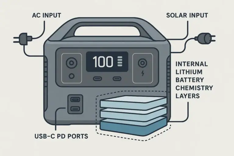 Portable power station diagram highlighting input ports and battery chemistry layers