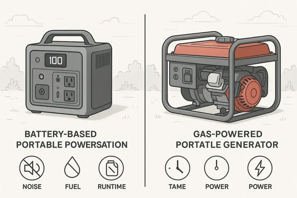 Portable power station and gas generator side by side for comparison