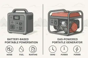 Portable power station and gas generator side by side for comparison