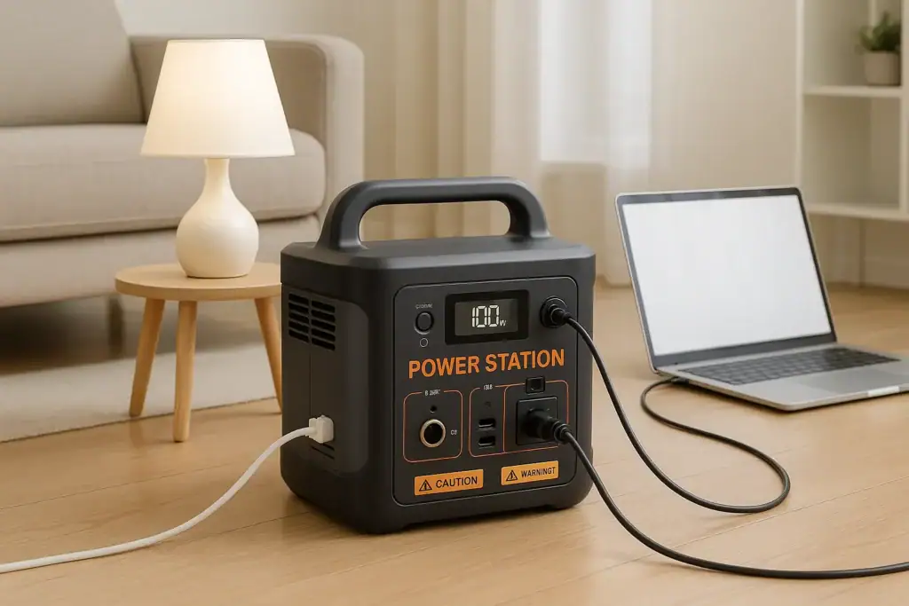 Portable power station used safely indoors powering a laptop and lamp