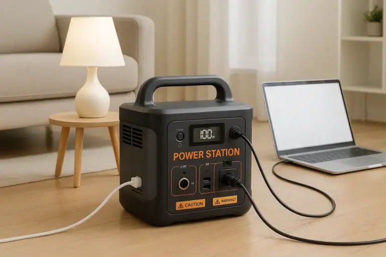 Portable power station used safely indoors powering a laptop and lamp