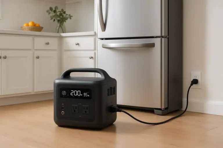 Portable power station running a refrigerator in a home kitchen