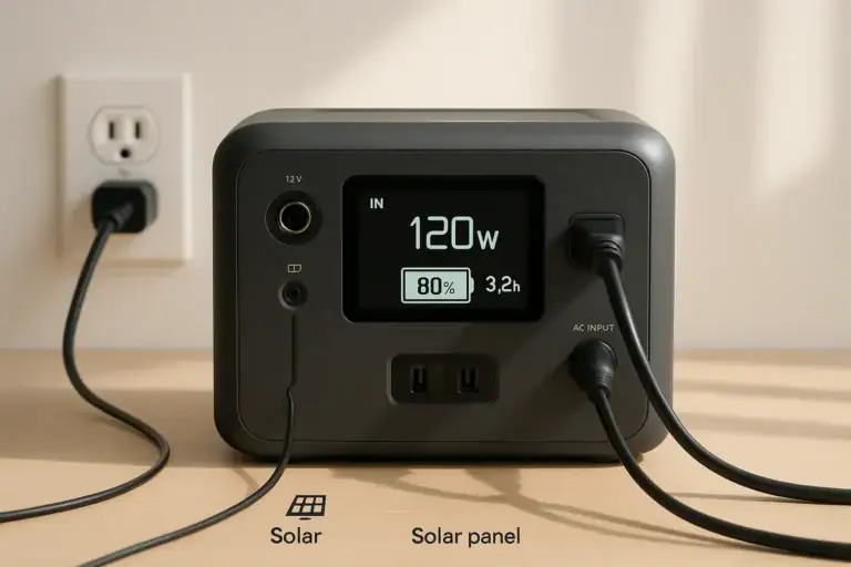 Portable power station charging from wall outlet solar panel and car charger