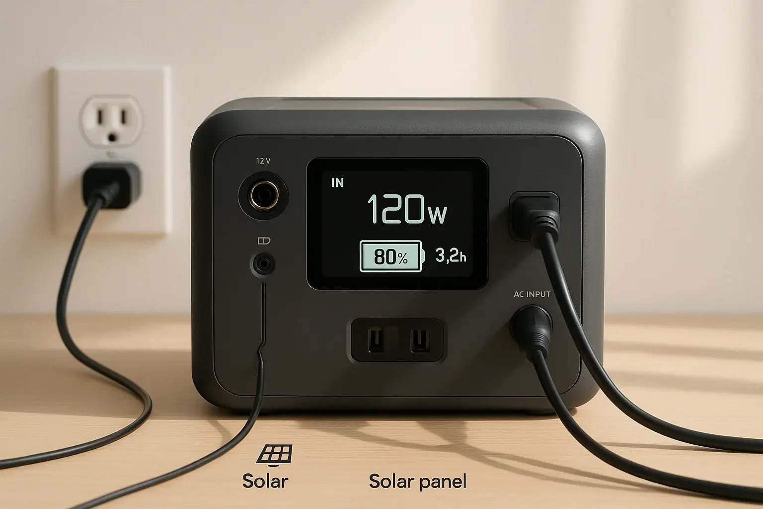 Portable power station charging from wall outlet solar panel and car charger