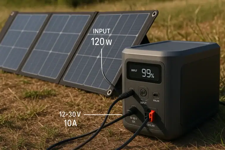 Portable power station charging from solar panels outdoors