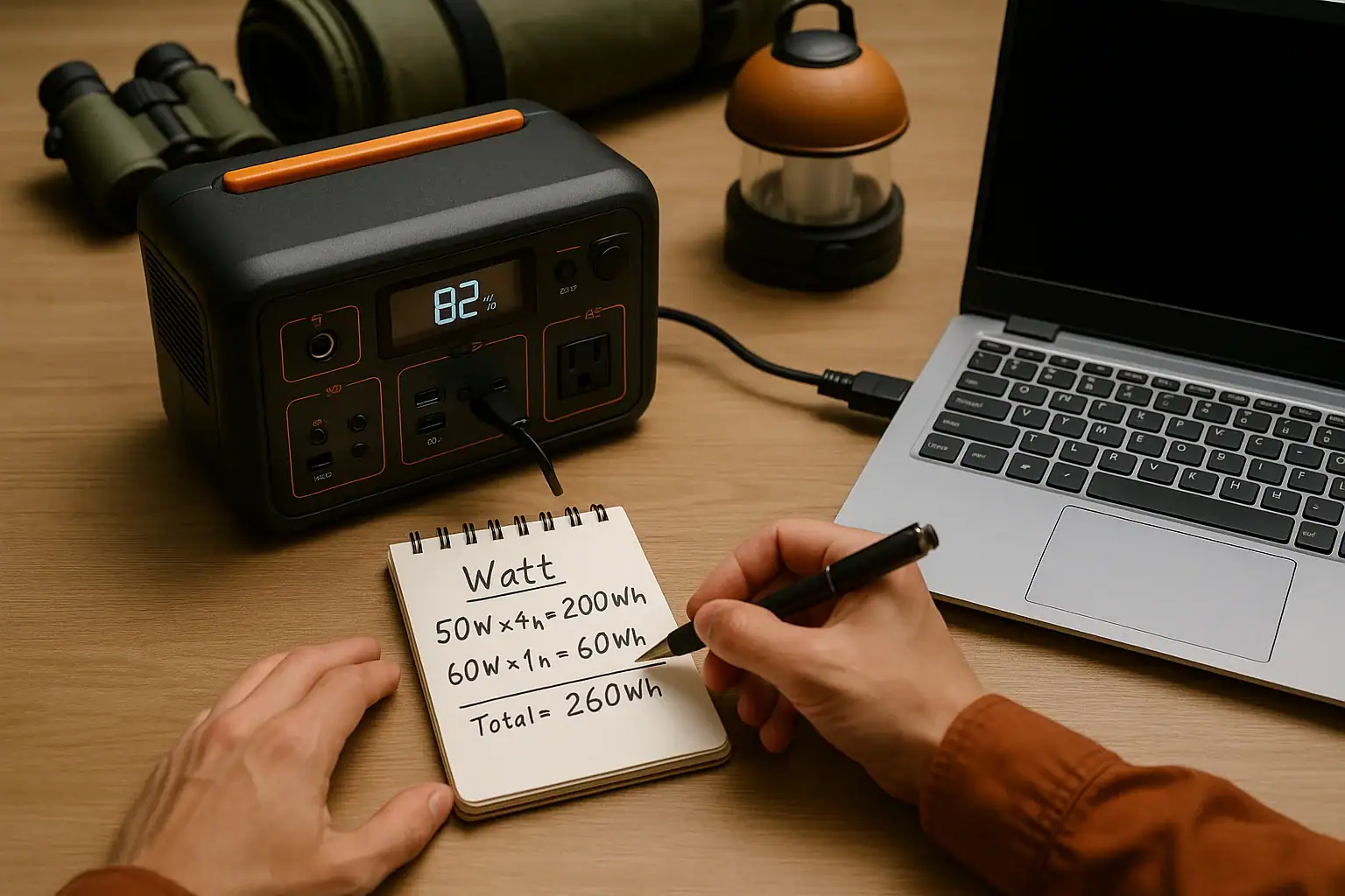 Person calculating power needs next to a portable power station and devices