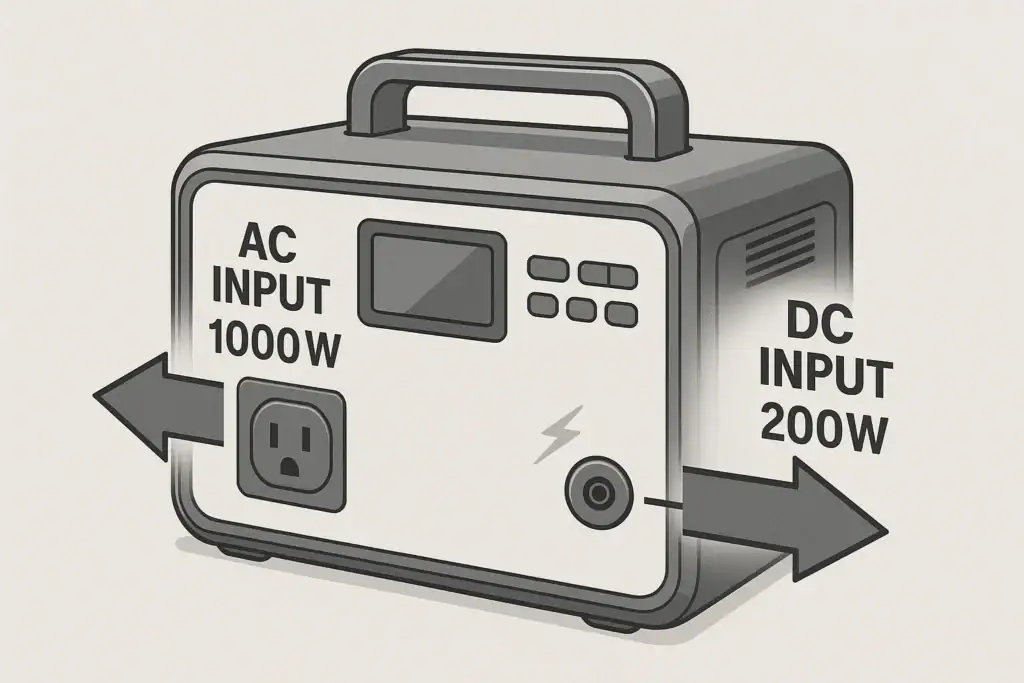 Diagram of a portable power station showing AC input and DC input charging paths