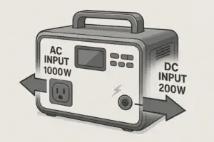 Diagram of a portable power station showing AC input and DC input charging paths