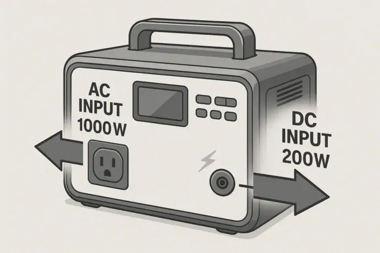 Diagram of a portable power station showing AC input and DC input charging paths
