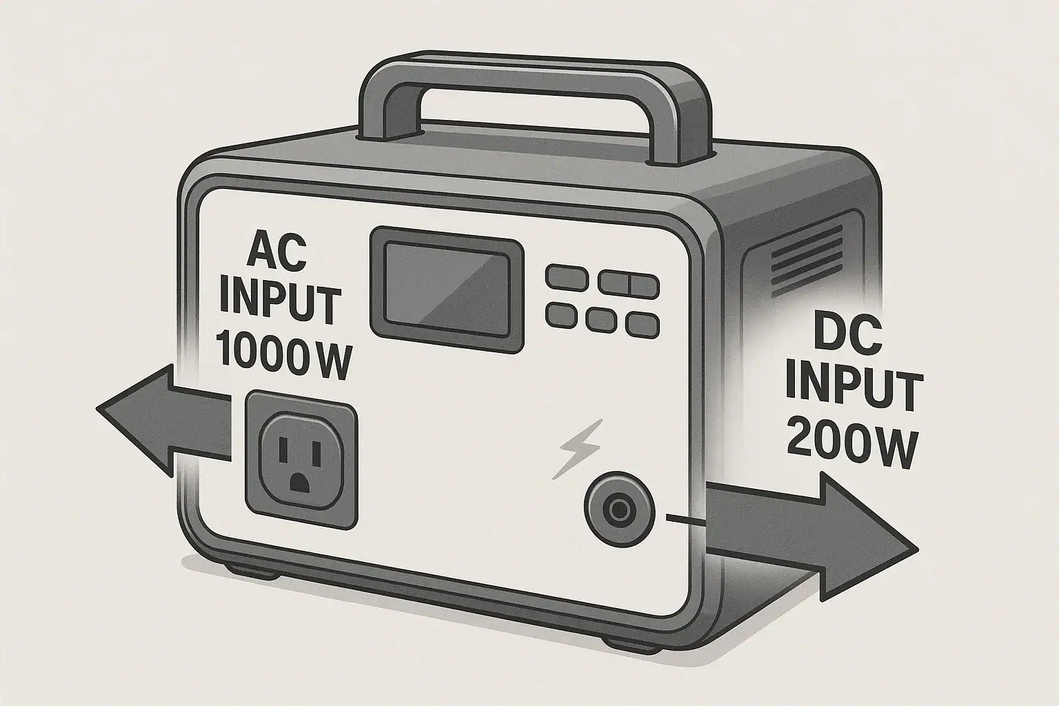 Diagram of a portable power station showing AC input and DC input charging paths