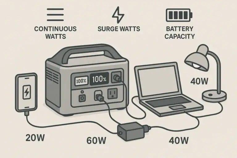 Portable power station showing watt usage for several devices