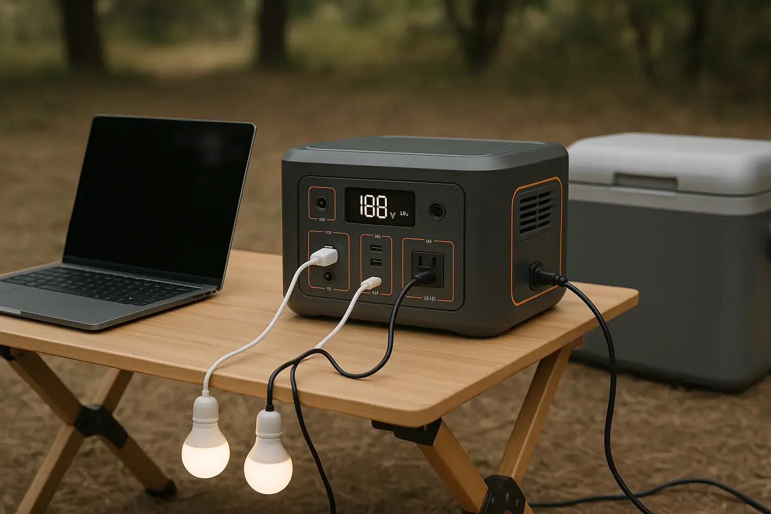 Portable power station running multiple devices at a campsite