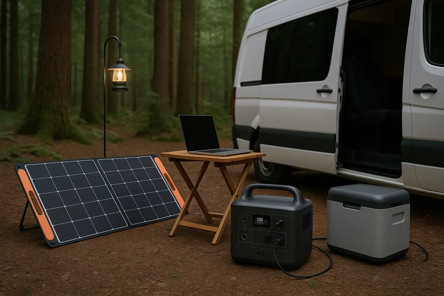 Portable power station at a campsite with camper van and solar panels