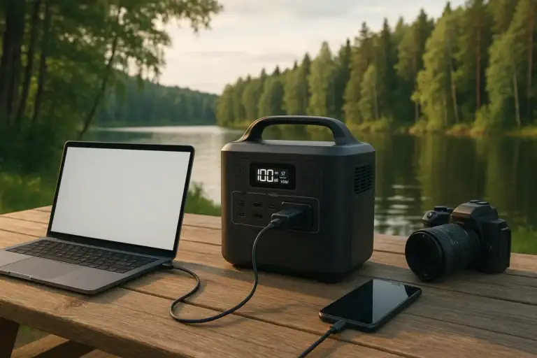 Remote work laptop and devices powered by a portable power station outdoors