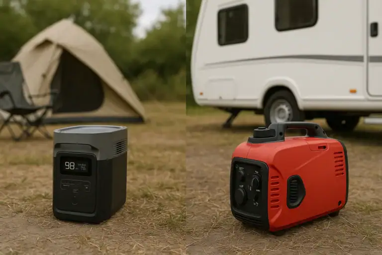 Portable power station next to inverter generator for side-by-side comparison