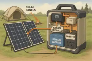 Diagram showing how a portable solar generator works from panels to battery to AC outlets