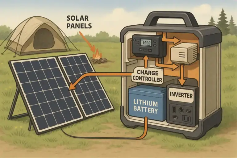 Diagram showing how a portable solar generator works from panels to battery to AC outlets
