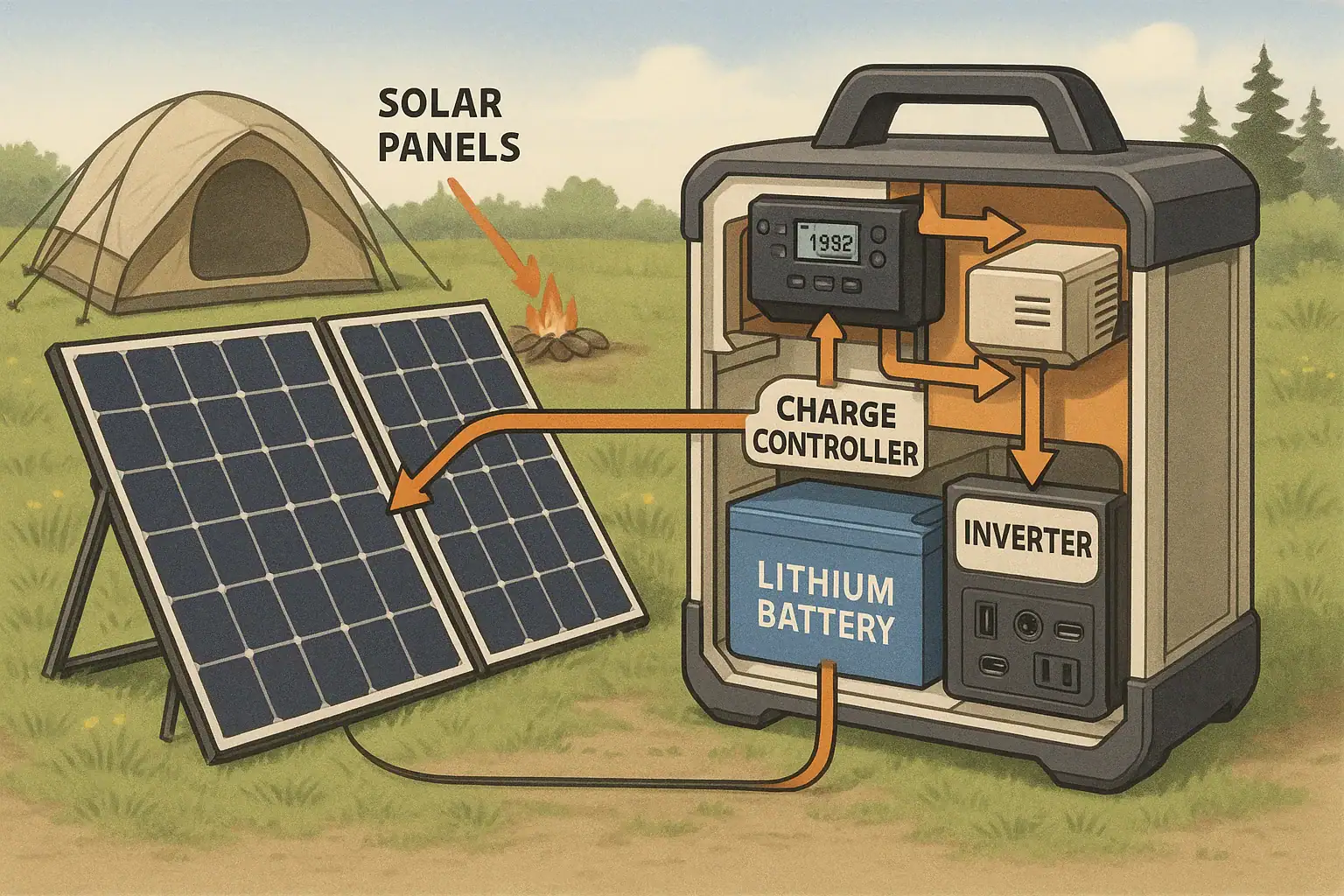 Diagram showing how a portable solar generator works from panels to battery to AC outlets