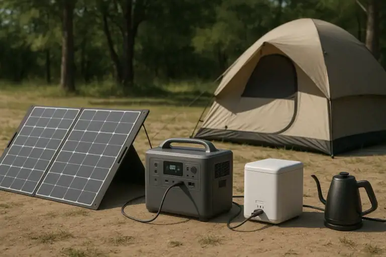 Portable solar generator with solar panels powering devices at a campsite