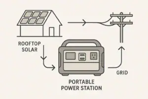 Diagram of portable power station integrated with solar panels and the electrical grid