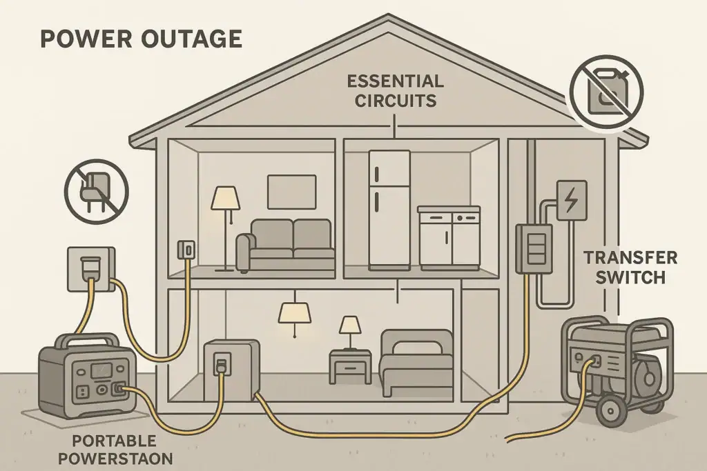 Home backup setup comparing a transfer switch with a portable power station and safer alternative connections.
