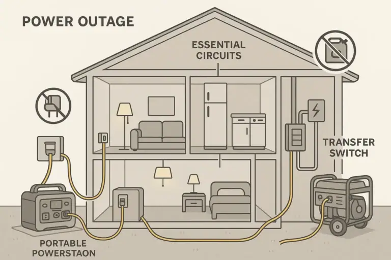 Home backup setup comparing a transfer switch with a portable power station and safer alternative connections.