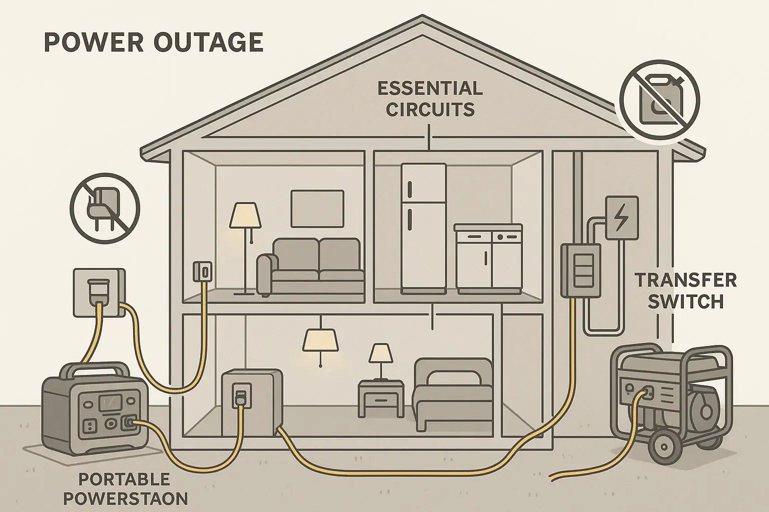 Home backup setup comparing a transfer switch with a portable power station and safer alternative connections.