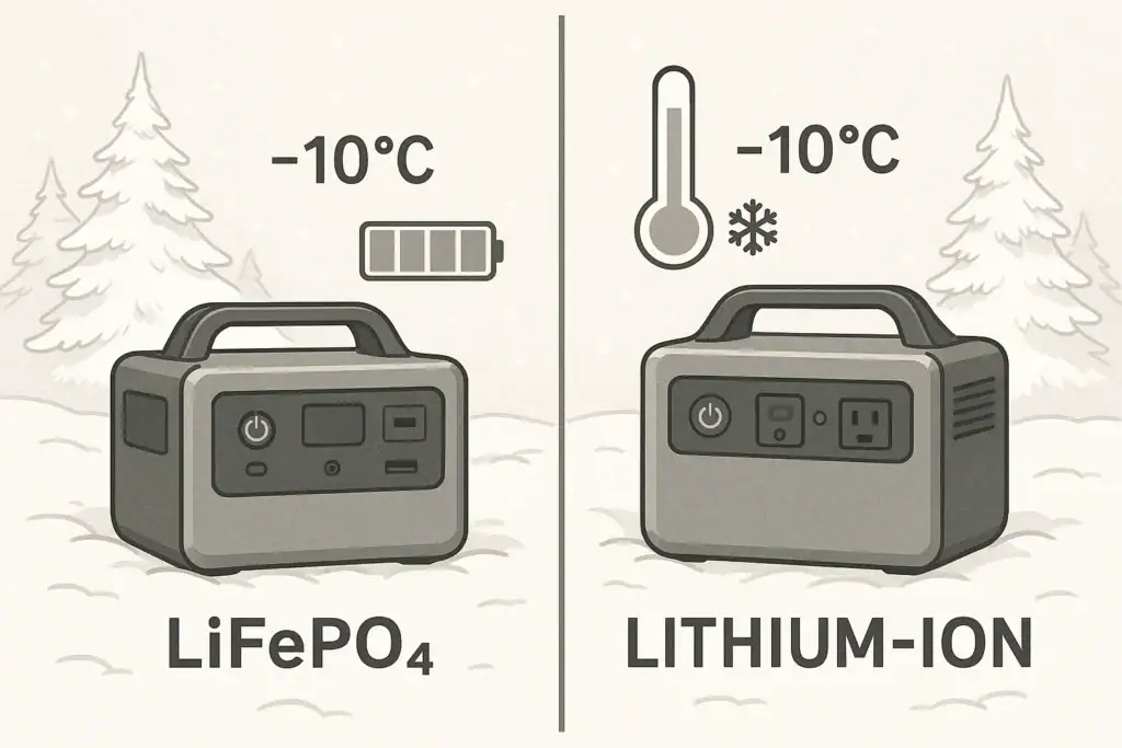 Portable power stations with LiFePO4 and lithium-ion batteries operating in cold weather snow.