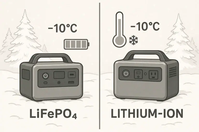 Portable power stations with LiFePO4 and lithium-ion batteries operating in cold weather snow.