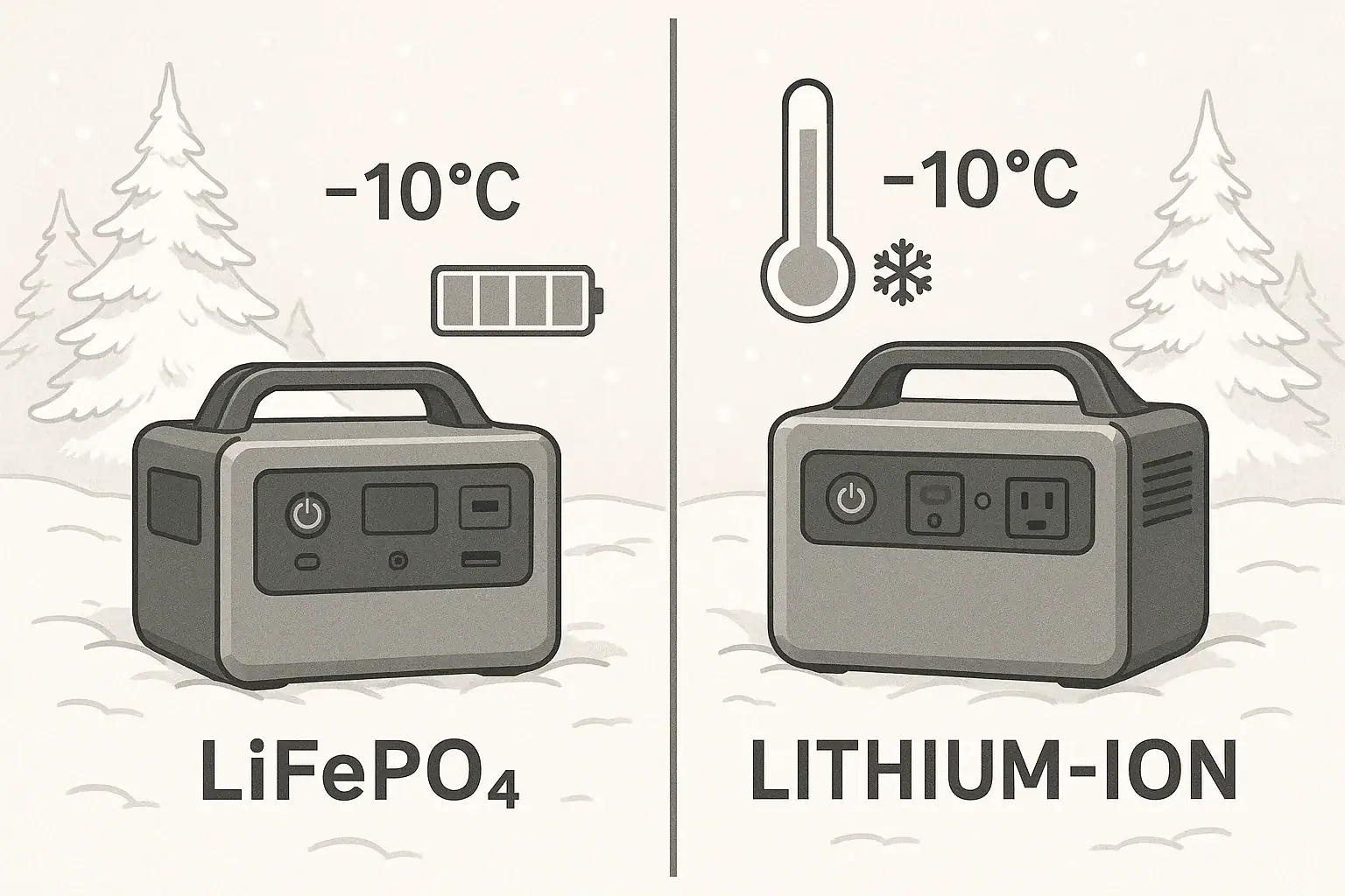 Portable power stations with LiFePO4 and lithium-ion batteries operating in cold weather snow.