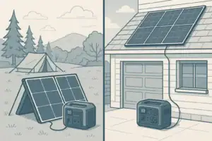 Portable solar panels and fixed panels charging portable power stations in different environments