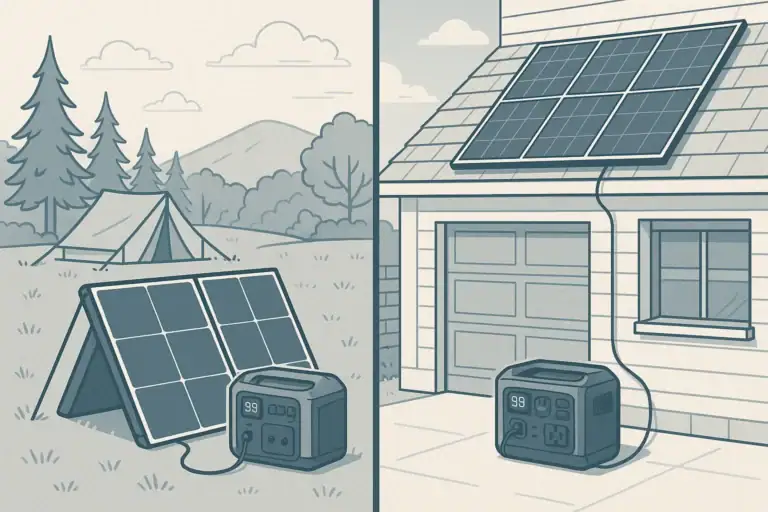 Portable solar panels and fixed panels charging portable power stations in different environments