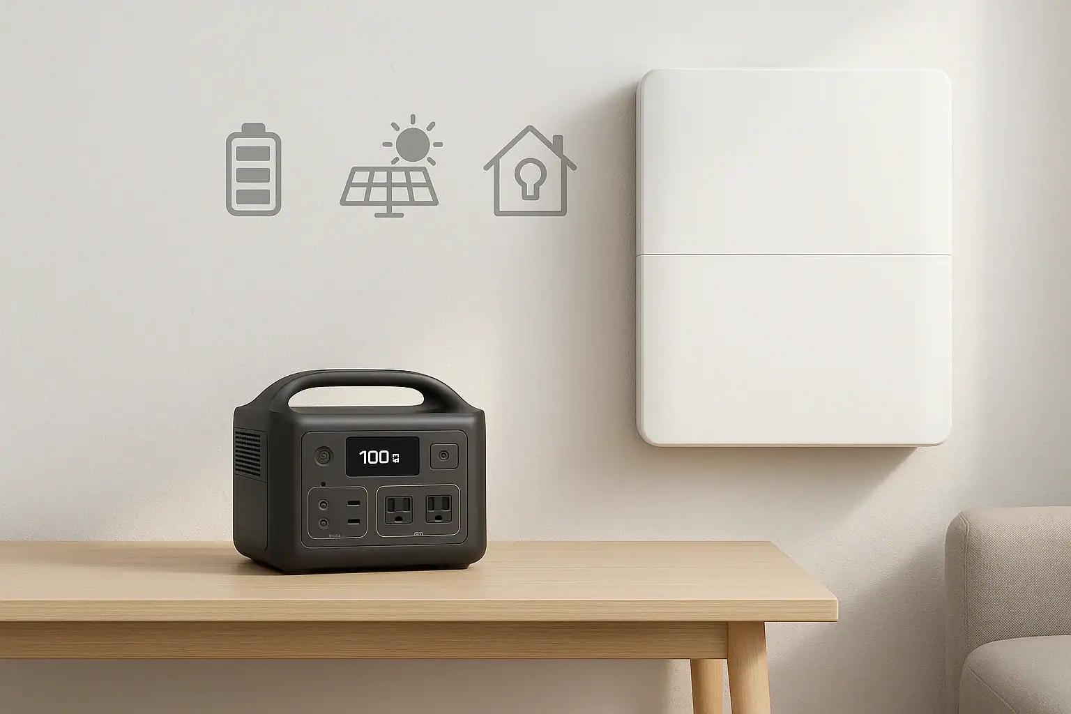 Portable power station next to a wall-mounted home battery for comparison