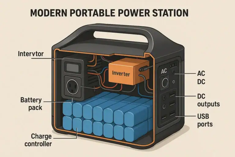 Diagram showing how a portable power station works with battery, inverter, and outlets
