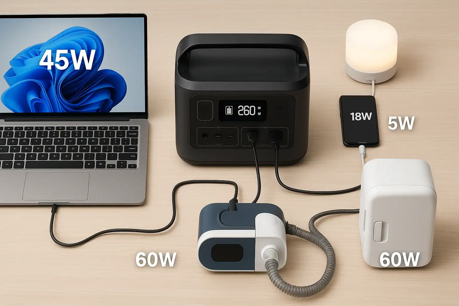 Portable power station powering a laptop, phone, light, and small fridge