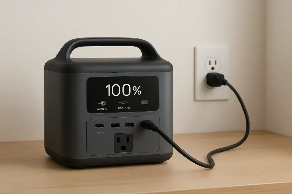 Portable power station plugged into wall outlet and fully charged