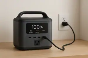 Portable power station plugged into wall outlet and fully charged