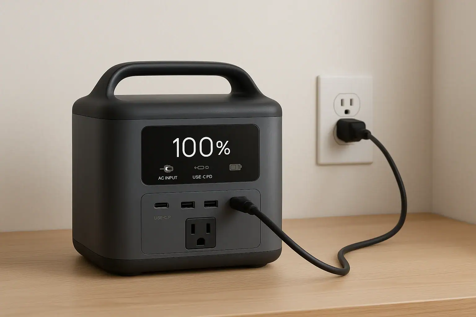 Portable power station plugged into wall outlet and fully charged