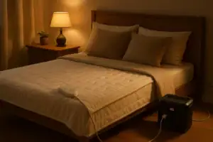 Heated electric throw powered by a portable power station in a bedroom