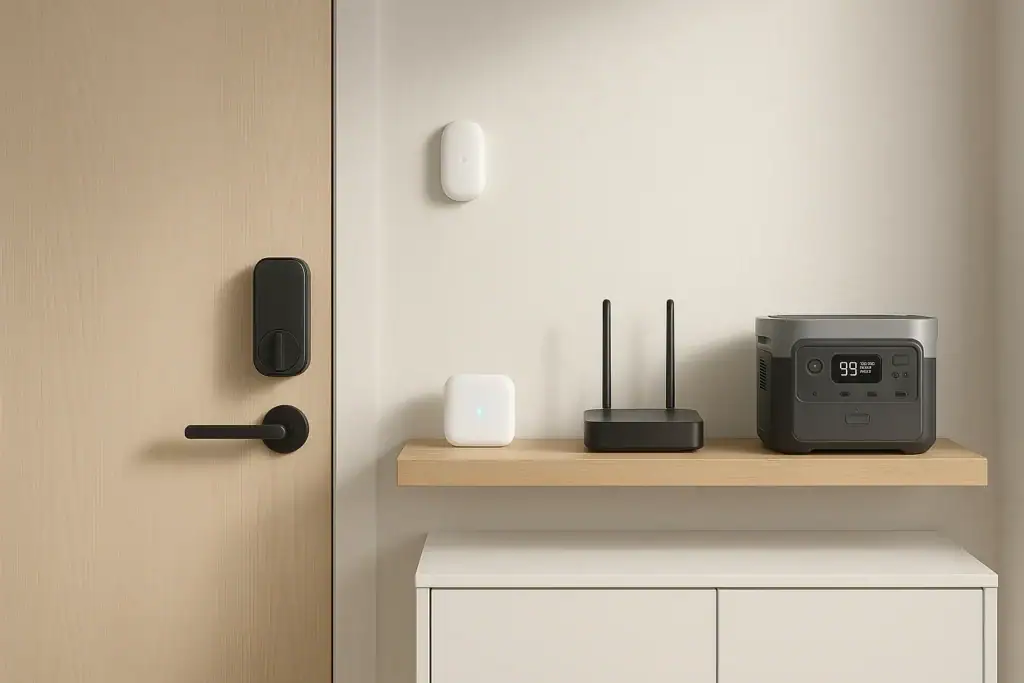 Portable backup power setup for a smart home hub, door lock, and security sensors