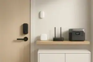 Portable backup power setup for a smart home hub, door lock, and security sensors