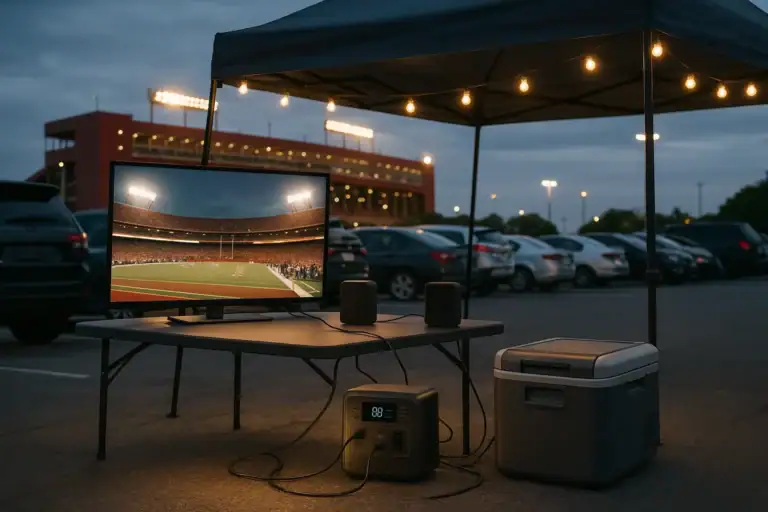 Portable power station running a tailgating TV, speakers, cooler, and lights