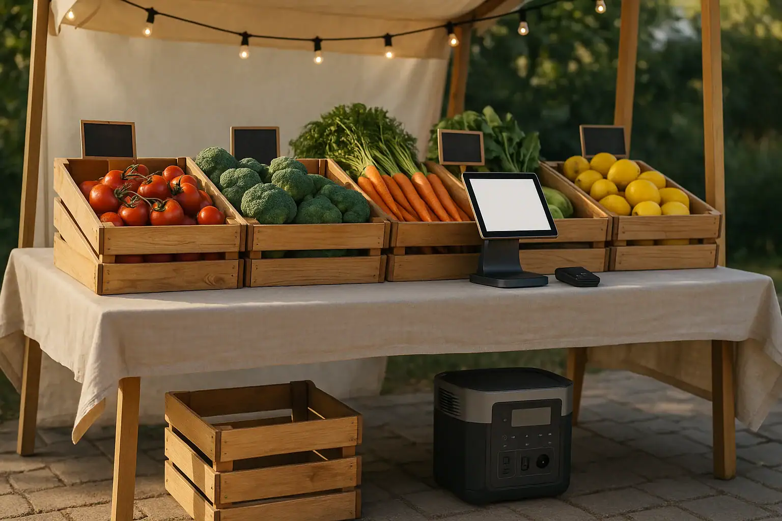 Portable power station running lights, tablet, and card reader at a farmers market booth