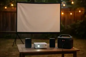 Portable power station running a projector and speakers for an outdoor movie night