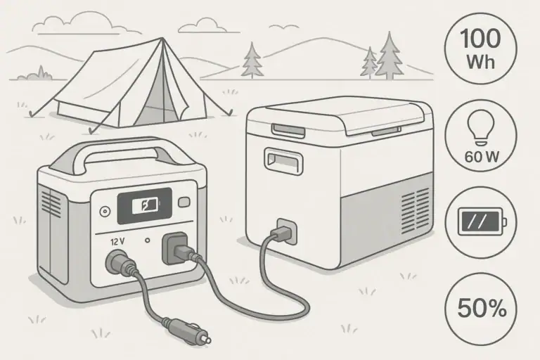Portable power station connected to an electric cooler with 12V and AC runtime planning symbols